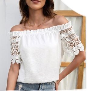 White Lace Sleeve Off-Shoulder Top, L, NWOT